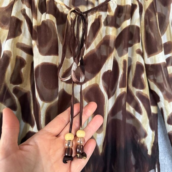 90s Vintage Karen Kane 100% Silk Brown Giraffe Print Ballon Sleeve Blouse Size M - Picture 2 of 12